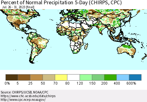 World Percent of Normal Precipitation 5-Day (CHIRPS) Thematic Map For 7/26/2023 - 7/31/2023
