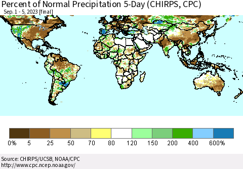 World Percent of Normal Precipitation 5-Day (CHIRPS) Thematic Map For 9/1/2023 - 9/5/2023