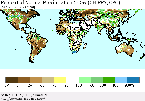 World Percent of Normal Precipitation 5-Day (CHIRPS) Thematic Map For 9/21/2023 - 9/25/2023