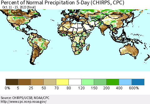 World Percent of Normal Precipitation 5-Day (CHIRPS) Thematic Map For 10/11/2023 - 10/15/2023