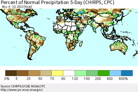 World Percent of Normal Precipitation 5-Day (CHIRPS) Thematic Map For 11/6/2023 - 11/10/2023