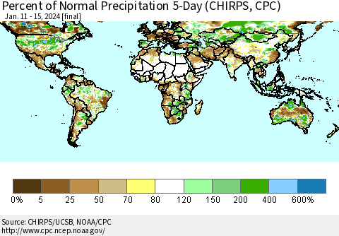 World Percent of Normal Precipitation 5-Day (CHIRPS) Thematic Map For 1/11/2024 - 1/15/2024