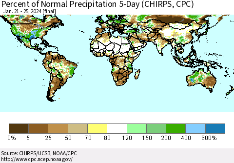 World Percent of Normal Precipitation 5-Day (CHIRPS) Thematic Map For 1/21/2024 - 1/25/2024