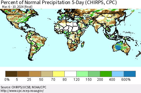 World Percent of Normal Precipitation 5-Day (CHIRPS) Thematic Map For 3/6/2024 - 3/10/2024