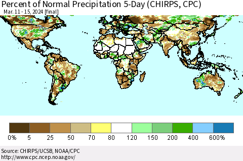 World Percent of Normal Precipitation 5-Day (CHIRPS) Thematic Map For 3/11/2024 - 3/15/2024