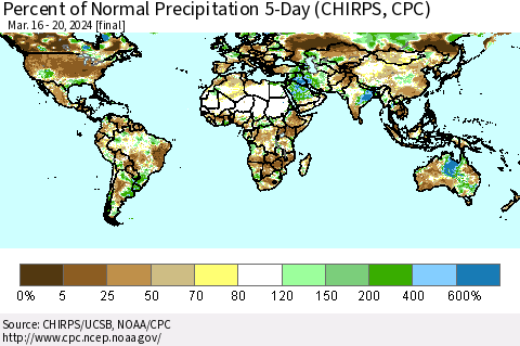 World Percent of Normal Precipitation 5-Day (CHIRPS) Thematic Map For 3/16/2024 - 3/20/2024