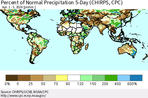 World Percent of Normal Precipitation 5-Day (CHIRPS) Thematic Map For 4/1/2024 - 4/5/2024