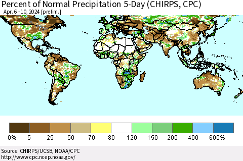 World Percent of Normal Precipitation 5-Day (CHIRPS) Thematic Map For 4/6/2024 - 4/10/2024
