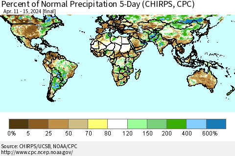 World Percent of Normal Precipitation 5-Day (CHIRPS) Thematic Map For 4/11/2024 - 4/15/2024