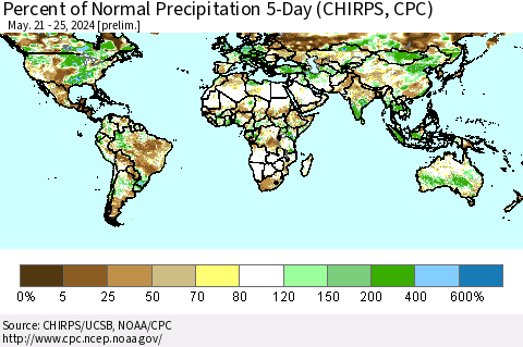 World Percent of Normal Precipitation 5-Day (CHIRPS) Thematic Map For 5/21/2024 - 5/25/2024