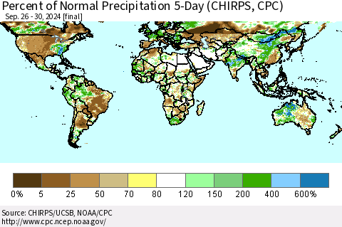 World Percent of Normal Precipitation 5-Day (CHIRPS) Thematic Map For 9/26/2024 - 9/30/2024