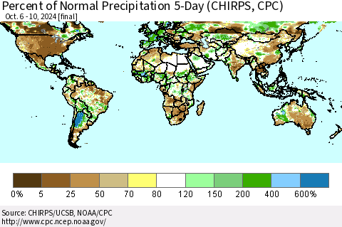 World Percent of Normal Precipitation 5-Day (CHIRPS) Thematic Map For 10/6/2024 - 10/10/2024