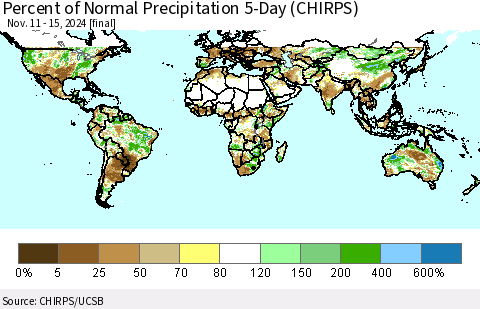 World Percent of Normal Precipitation 5-Day (CHIRPS) Thematic Map For 11/11/2024 - 11/15/2024