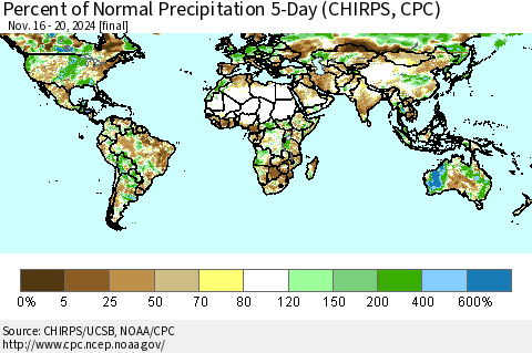World Percent of Normal Precipitation 5-Day (CHIRPS) Thematic Map For 11/16/2024 - 11/20/2024