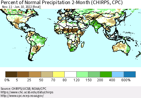 World Percent of Normal Precipitation 2-Month (CHIRPS) Thematic Map For 11/11/2021 - 1/10/2022