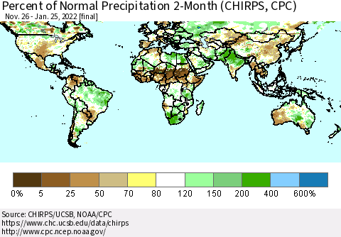 World Percent of Normal Precipitation 2-Month (CHIRPS) Thematic Map For 11/26/2021 - 1/25/2022