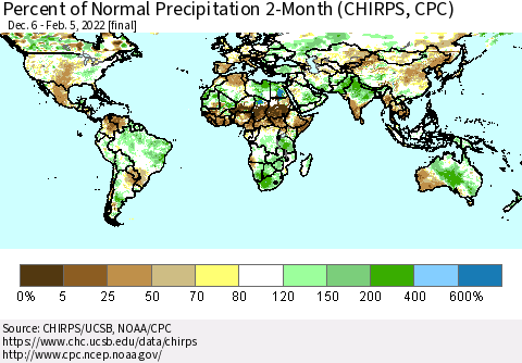 World Percent of Normal Precipitation 2-Month (CHIRPS) Thematic Map For 12/6/2021 - 2/5/2022