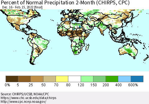 World Percent of Normal Precipitation 2-Month (CHIRPS) Thematic Map For 12/16/2021 - 2/15/2022