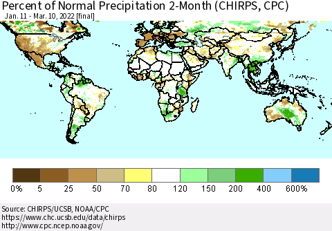 World Percent of Normal Precipitation 2-Month (CHIRPS) Thematic Map For 1/11/2022 - 3/10/2022