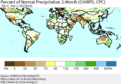 World Percent of Normal Precipitation 2-Month (CHIRPS) Thematic Map For 3/6/2022 - 5/5/2022