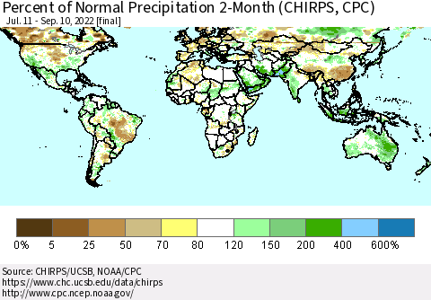 World Percent of Normal Precipitation 2-Month (CHIRPS) Thematic Map For 7/11/2022 - 9/10/2022