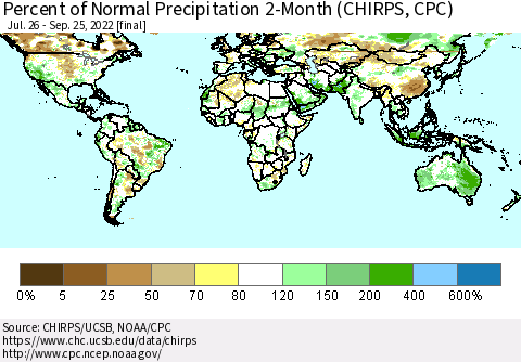 World Percent of Normal Precipitation 2-Month (CHIRPS) Thematic Map For 7/26/2022 - 9/25/2022