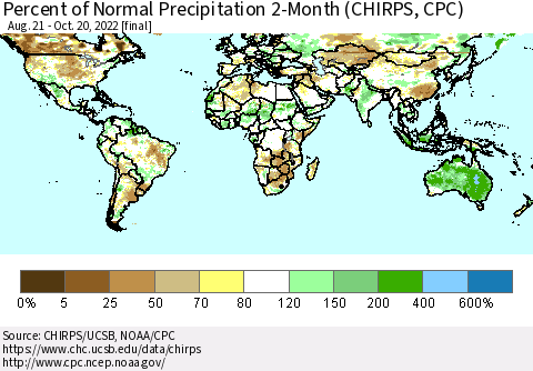 World Percent of Normal Precipitation 2-Month (CHIRPS) Thematic Map For 8/21/2022 - 10/20/2022