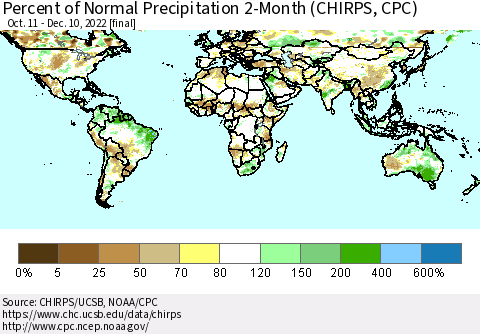 World Percent of Normal Precipitation 2-Month (CHIRPS) Thematic Map For 10/11/2022 - 12/10/2022