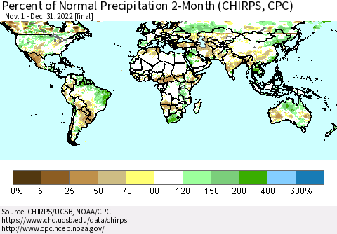World Percent of Normal Precipitation 2-Month (CHIRPS) Thematic Map For 11/1/2022 - 12/31/2022