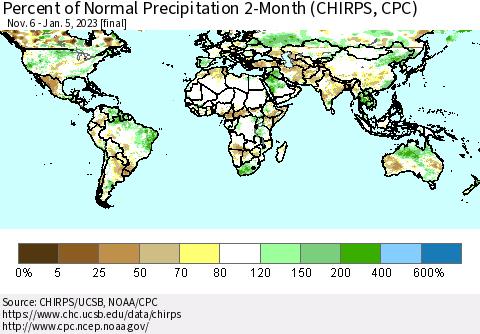 World Percent of Normal Precipitation 2-Month (CHIRPS) Thematic Map For 11/6/2022 - 1/5/2023