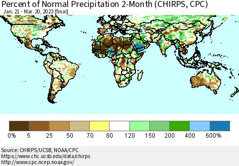 World Percent of Normal Precipitation 2-Month (CHIRPS) Thematic Map For 1/21/2023 - 3/20/2023