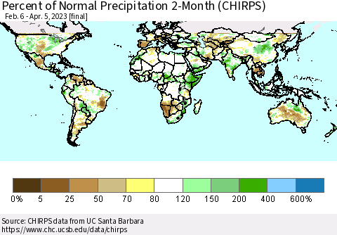 World Percent of Normal Precipitation 2-Month (CHIRPS) Thematic Map For 2/6/2023 - 4/5/2023