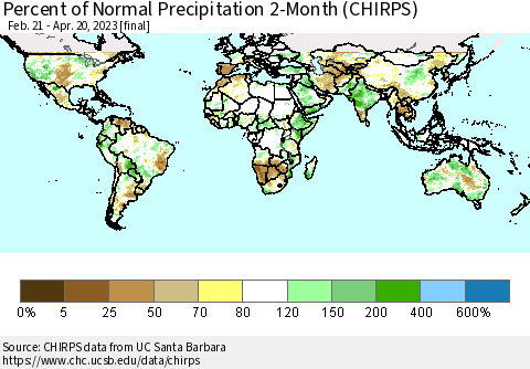 World Percent of Normal Precipitation 2-Month (CHIRPS) Thematic Map For 2/21/2023 - 4/20/2023