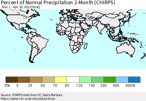 World Percent of Normal Precipitation 2-Month (CHIRPS) Thematic Map For 3/1/2023 - 4/30/2023