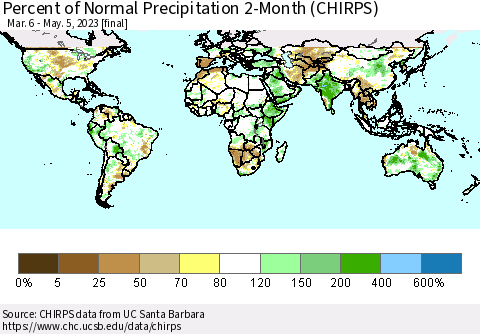 World Percent of Normal Precipitation 2-Month (CHIRPS) Thematic Map For 3/6/2023 - 5/5/2023