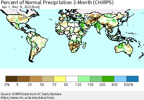 World Percent of Normal Precipitation 2-Month (CHIRPS) Thematic Map For 4/1/2023 - 5/31/2023