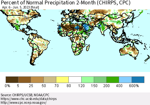 World Percent of Normal Precipitation 2-Month (CHIRPS) Thematic Map For 4/6/2023 - 6/5/2023