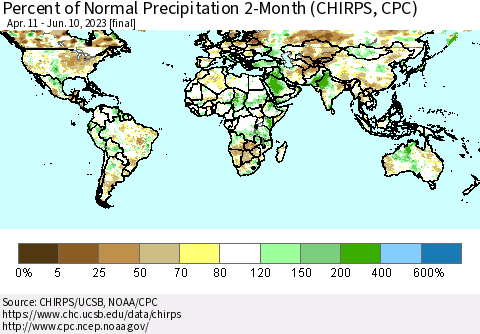 World Percent of Normal Precipitation 2-Month (CHIRPS) Thematic Map For 4/11/2023 - 6/10/2023