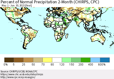 World Percent of Normal Precipitation 2-Month (CHIRPS) Thematic Map For 5/1/2023 - 6/30/2023