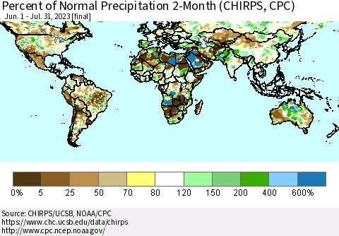 World Percent of Normal Precipitation 2-Month (CHIRPS) Thematic Map For 6/1/2023 - 7/31/2023