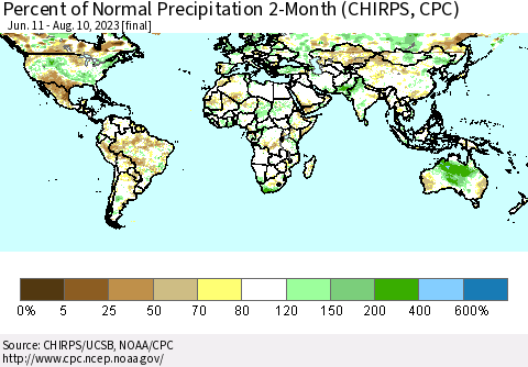 World Percent of Normal Precipitation 2-Month (CHIRPS) Thematic Map For 6/11/2023 - 8/10/2023