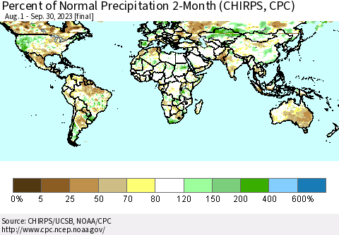 World Percent of Normal Precipitation 2-Month (CHIRPS) Thematic Map For 8/1/2023 - 9/30/2023