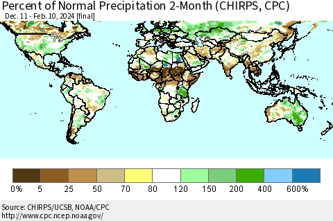 World Percent of Normal Precipitation 2-Month (CHIRPS) Thematic Map For 12/11/2023 - 2/10/2024