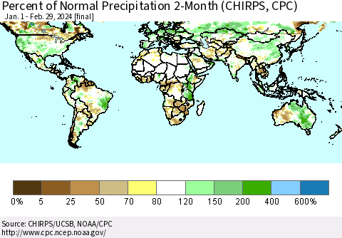 World Percent of Normal Precipitation 2-Month (CHIRPS) Thematic Map For 1/1/2024 - 2/29/2024