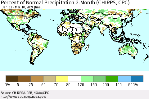 World Percent of Normal Precipitation 2-Month (CHIRPS) Thematic Map For 1/11/2024 - 3/10/2024
