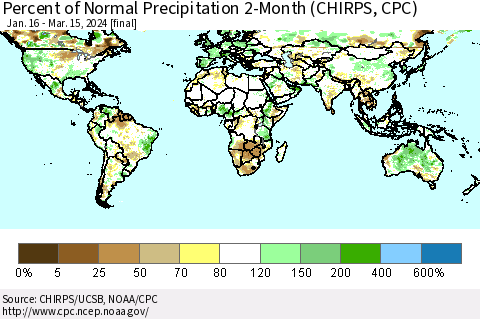 World Percent of Normal Precipitation 2-Month (CHIRPS) Thematic Map For 1/16/2024 - 3/15/2024