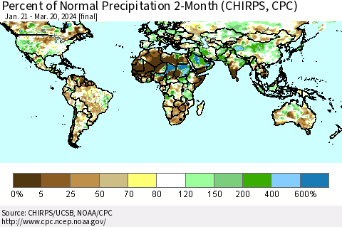 World Percent of Normal Precipitation 2-Month (CHIRPS) Thematic Map For 1/21/2024 - 3/20/2024