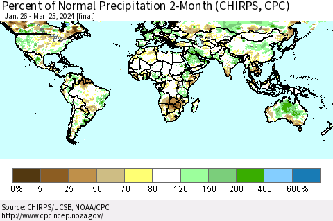 World Percent of Normal Precipitation 2-Month (CHIRPS) Thematic Map For 1/26/2024 - 3/25/2024