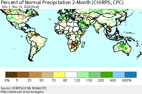 World Percent of Normal Precipitation 2-Month (CHIRPS) Thematic Map For 2/1/2024 - 3/31/2024