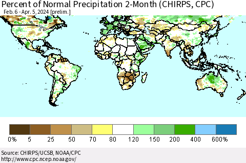 World Percent of Normal Precipitation 2-Month (CHIRPS) Thematic Map For 2/6/2024 - 4/5/2024
